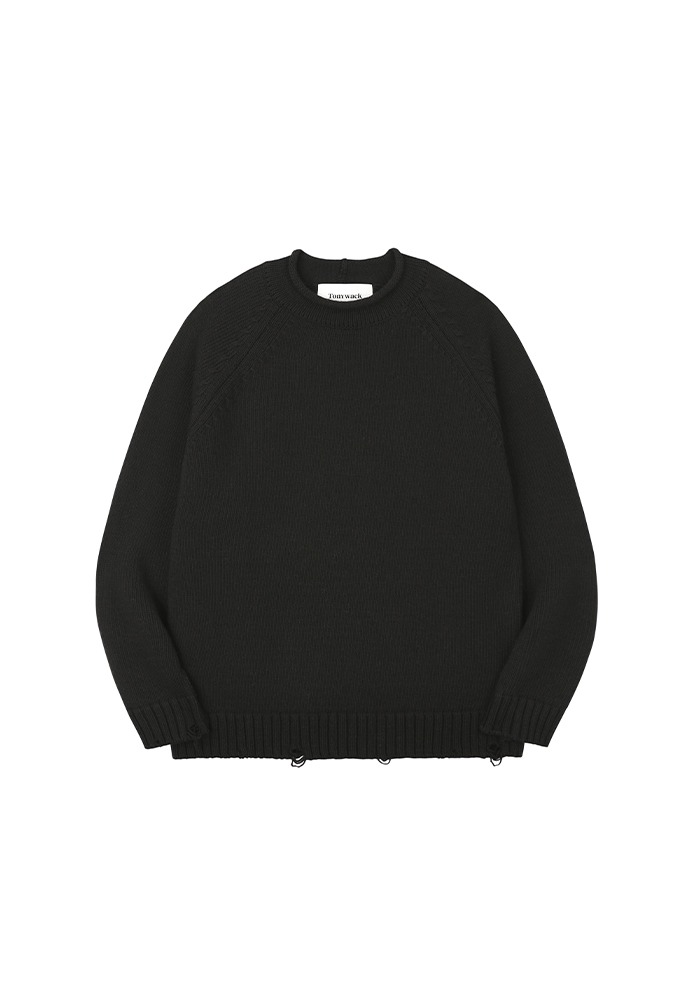 Raglan Rollneck Distressed Sweater_ Black