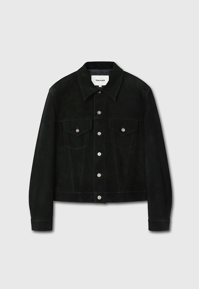 Suede Cropped Trucker Jacket (Cowhide From Italy)_ Black