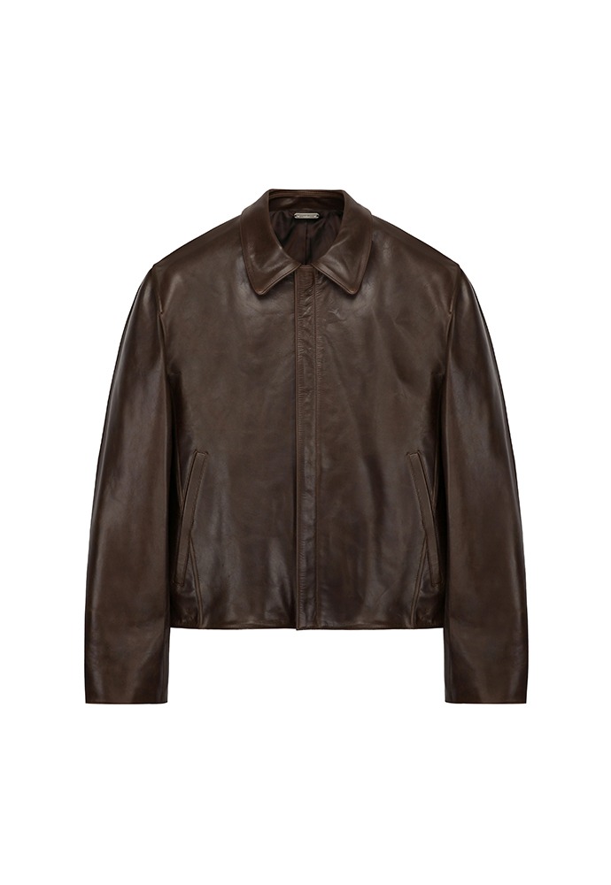 Brown Cowhide Leather Blouson Jacket (100% Cowhide From Italy)_ Brown