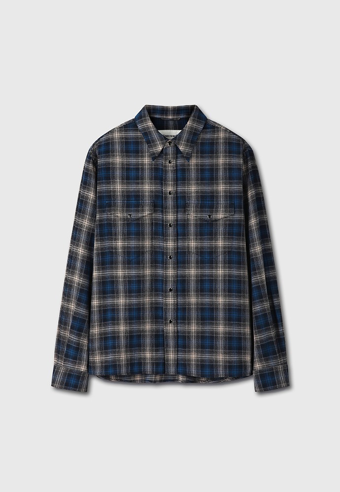 Brushed Cotton Double Pocket Check Shirt_ Navy Blue
