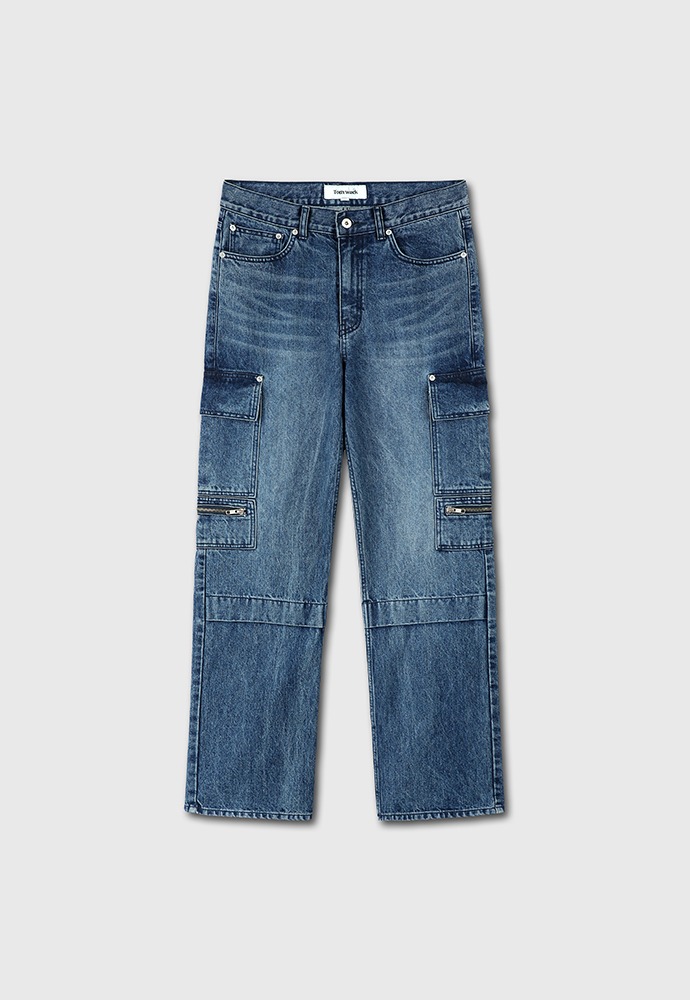 Relaxed Cut Denim Cargo Jeans_ Faded Mid Blue