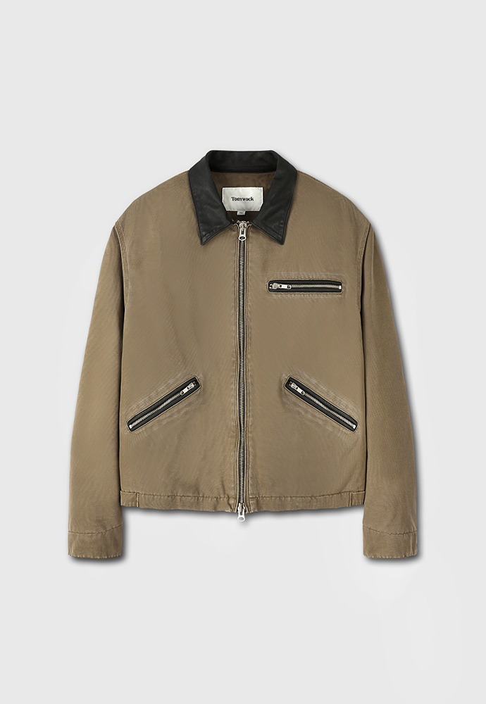 Leather Collar Fade-effect Work Jacket (Stone Washed)_ Faded Olive Beige