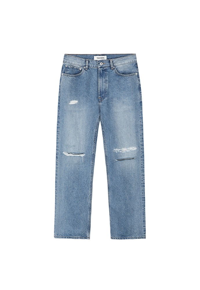 Destroyed Straight Cut Denim Jeans_ Washed Light Blue