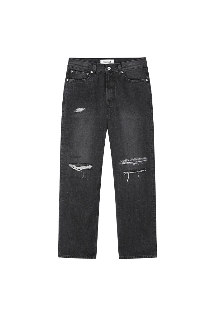 Destroyed Straight Cut denim Jeans_ Washed Black